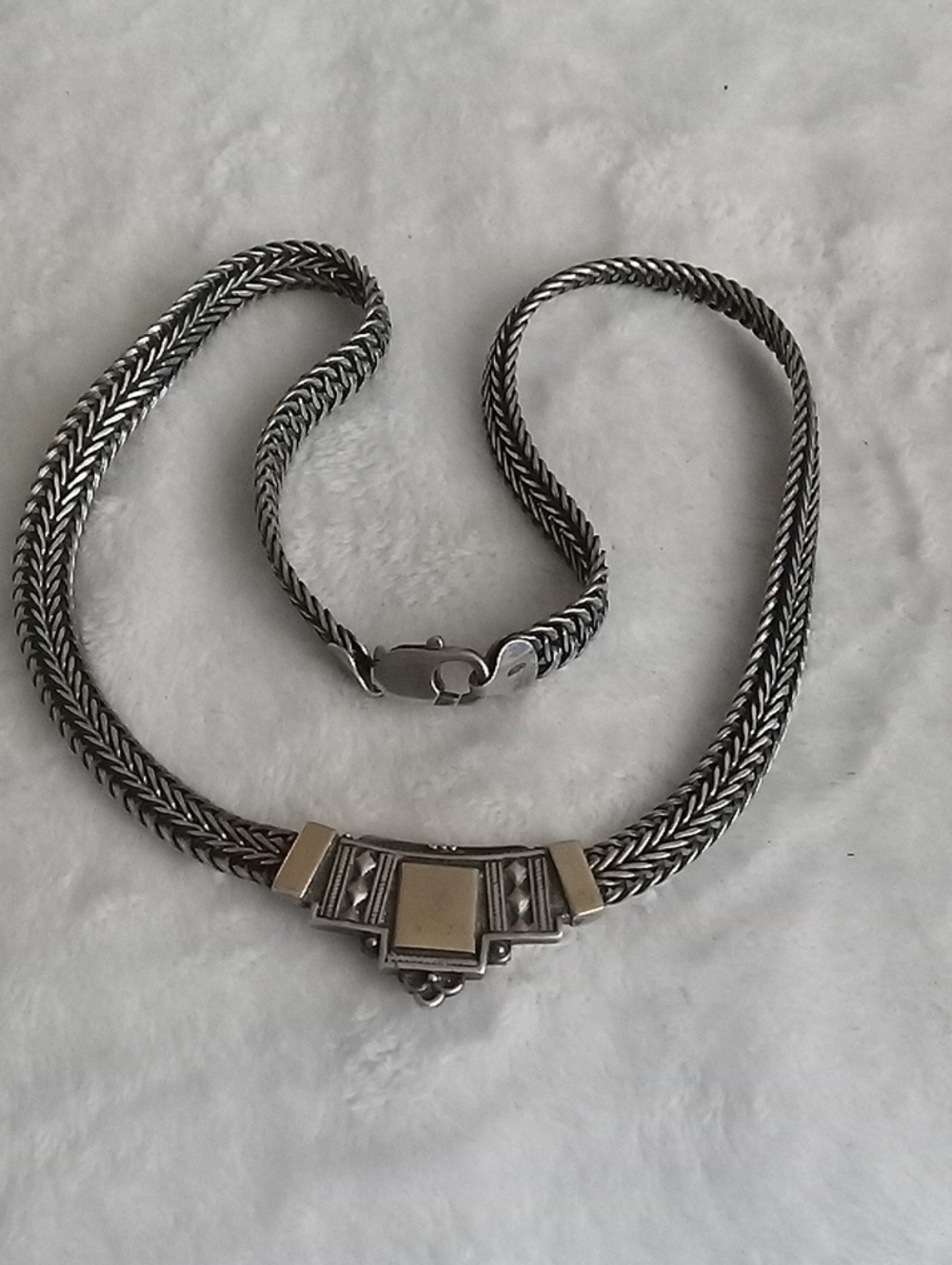 Vintage Silver-Tone Geometric Necklace with Gold Accents